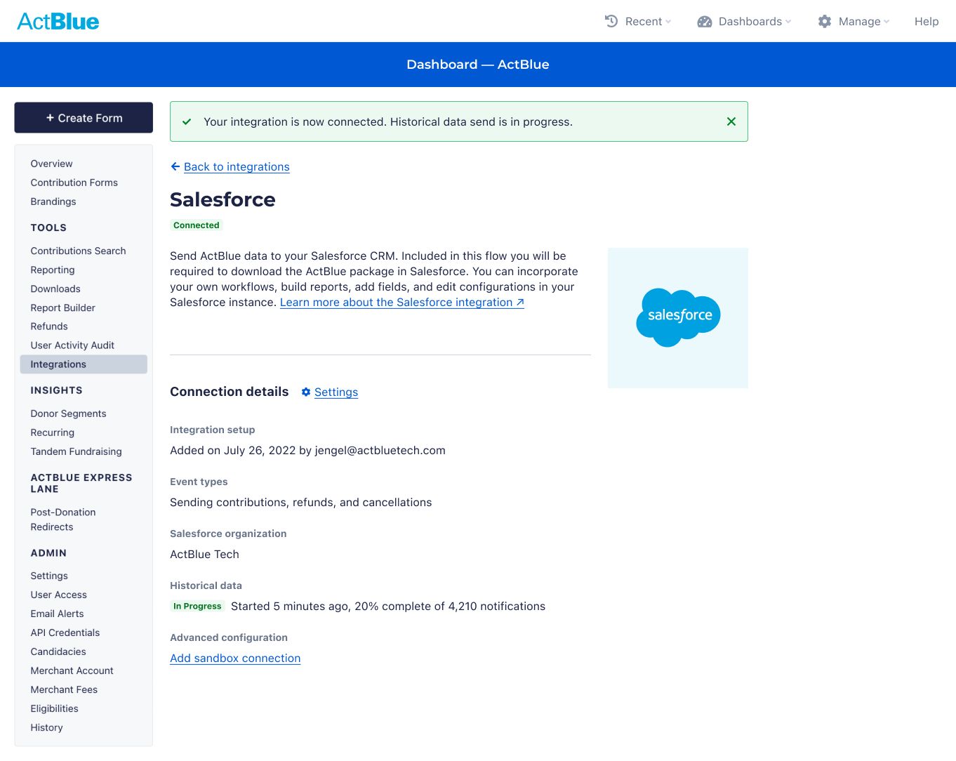 The redesigned Salesforce integration page in ActBlue. It has a banner confirming the connection, a Connected status, and connection details for event types, historical data progress and advanced configuration.