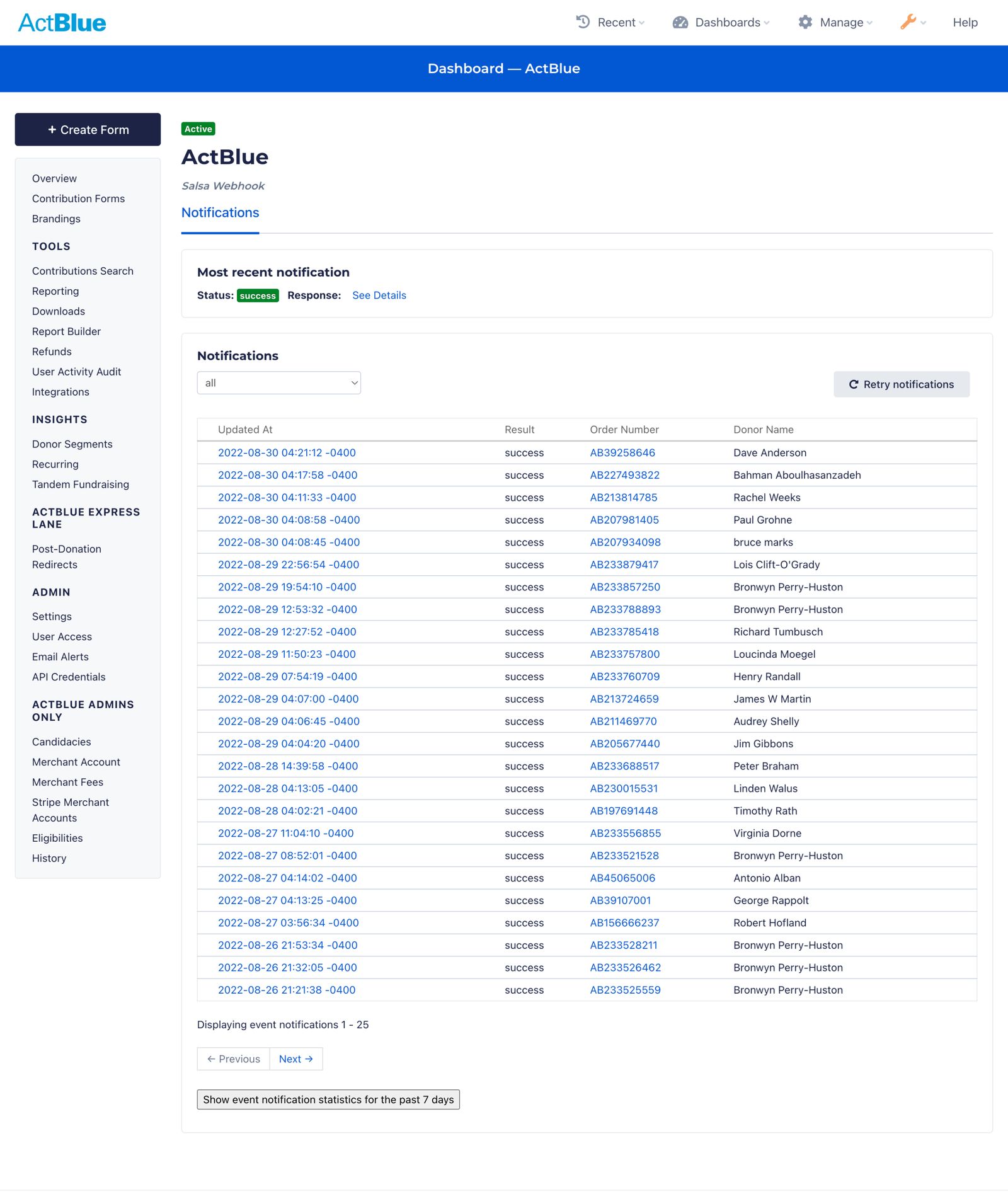 The original ActBlue notifications screen, only visible to staff. It shows a dense table of event notifications with timestamps, results, order numbers and donor names, and a retry button.
