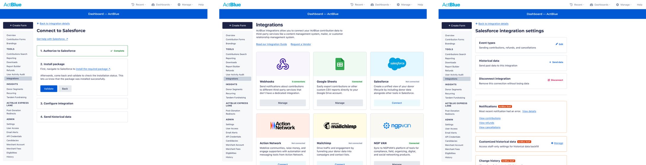 The Connect to Salesforce setup in four steps, with authorization complete and the package installation step open.