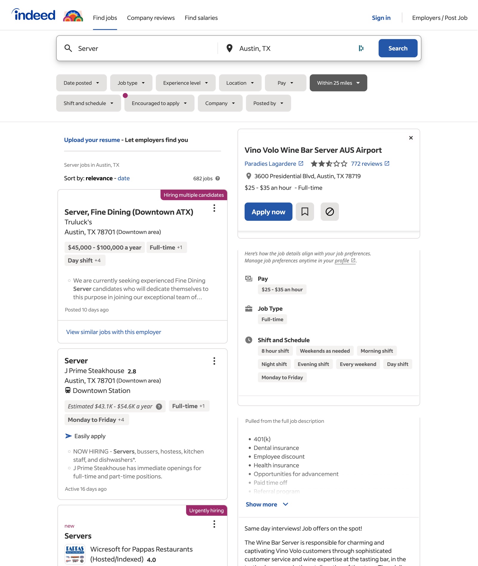 The Indeed job search results page with the design system applied: rounded job cards with tags, a job detail panel and clear actions.