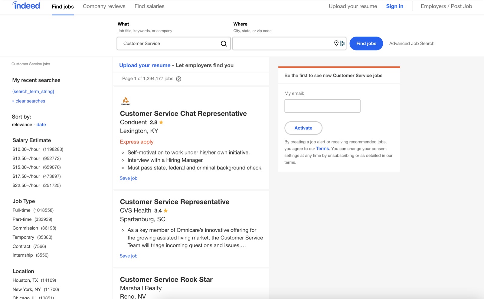 The Indeed job search results page before the design system: dense text, a left filter column and an email alert box.
