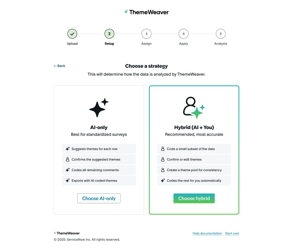 The redesigned strategy screen: a five-step progress bar and two side-by-side cards, AI-only and Hybrid, each with a list of what it does. Hybrid is marked as recommended and most accurate.