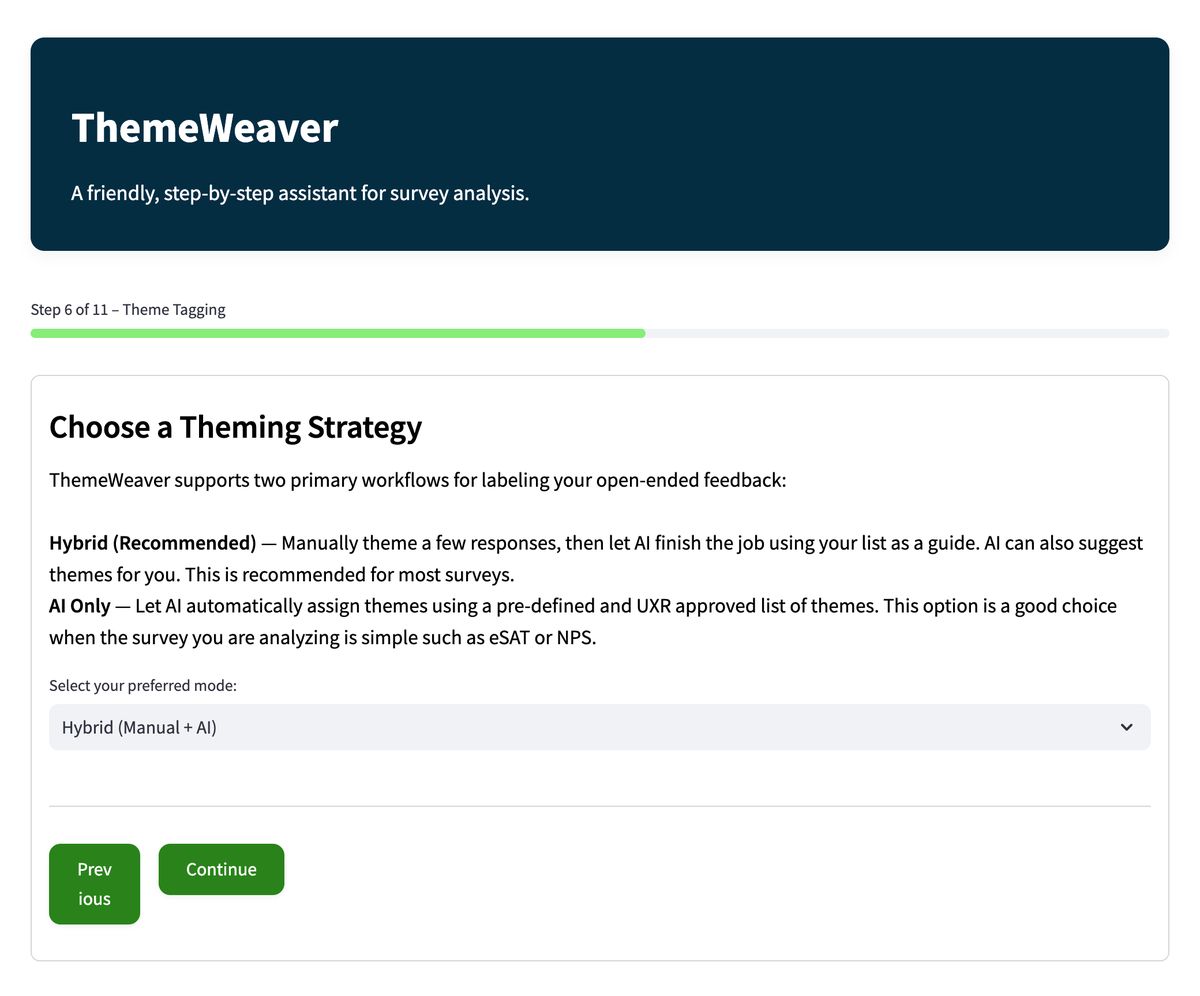 The prototype's strategy screen: a dark header, a short paragraph describing two workflows, and a dropdown for choosing between Hybrid and AI Only.